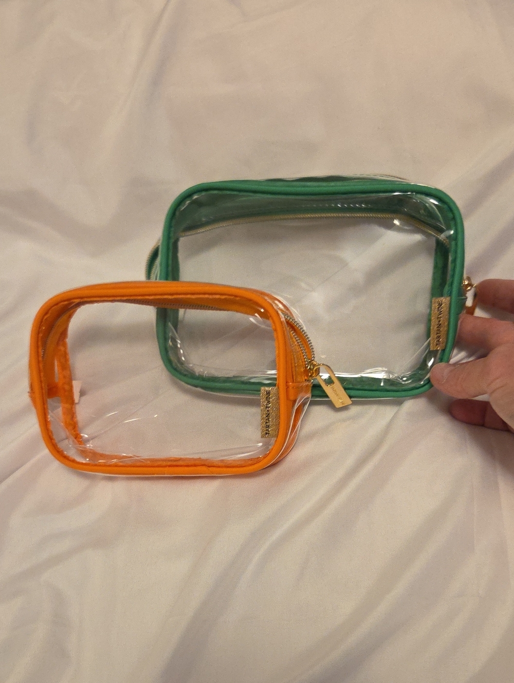 Clear Cosmetic Pouch with Orange and Green Trim - Set of 2
